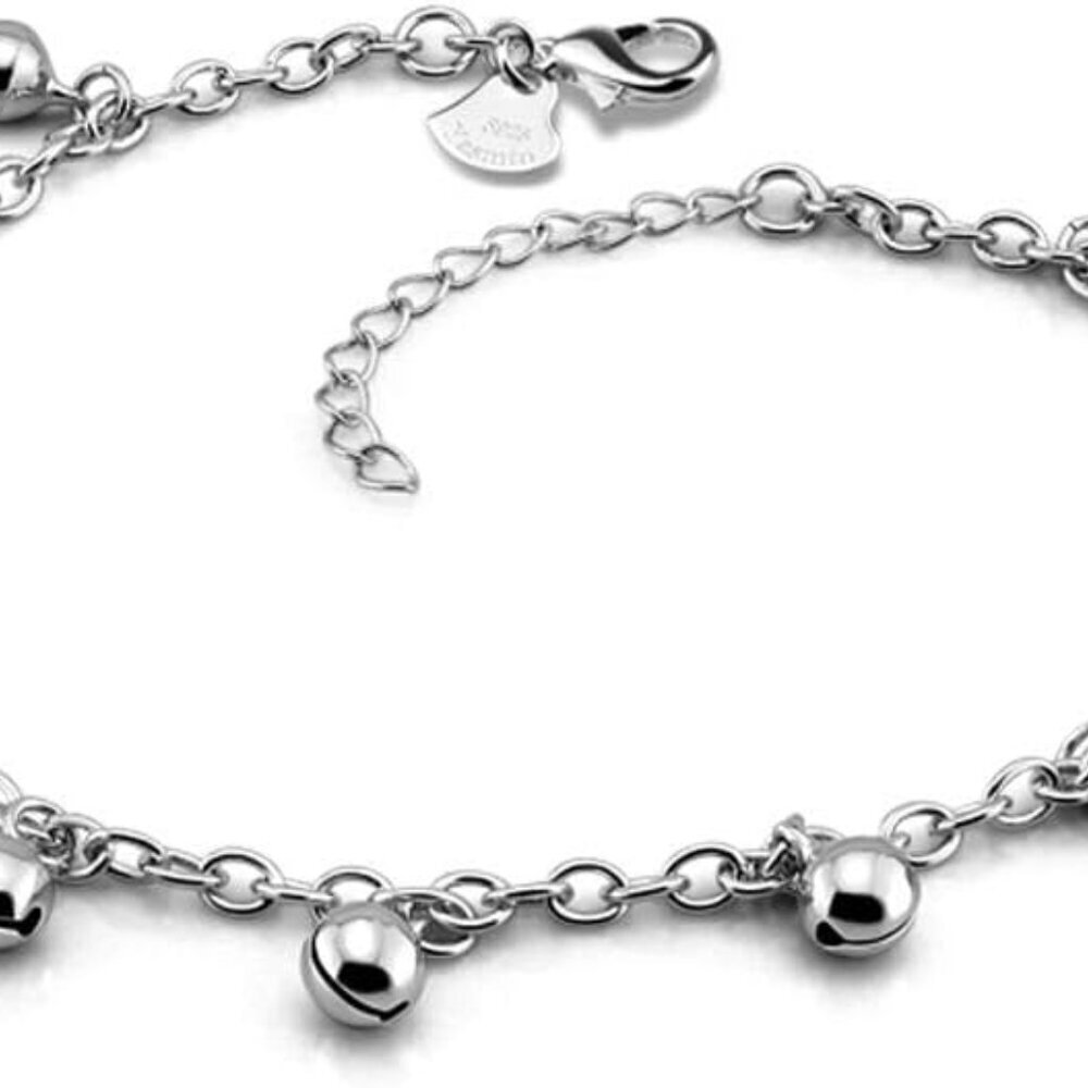 Silver Anklet Women’s Copper Rhodium Plated Bell Charm Adjustable Jewelry